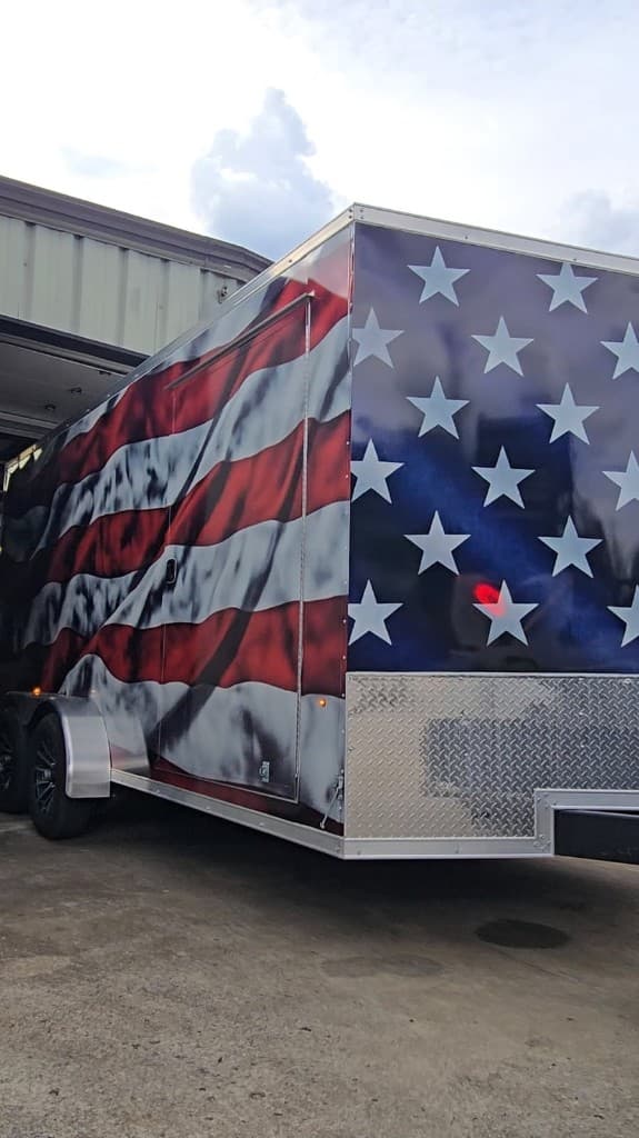 Finished enclosed trailer wrap — star field on the rear doors, printed by 580 Graphics