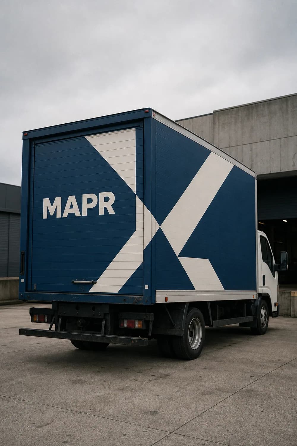 Box truck shop proof with bold graphics covering the cargo box