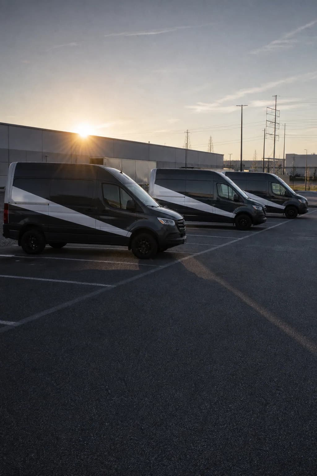 Row of white commercial vans, a scale reference for fleet wrap proofs