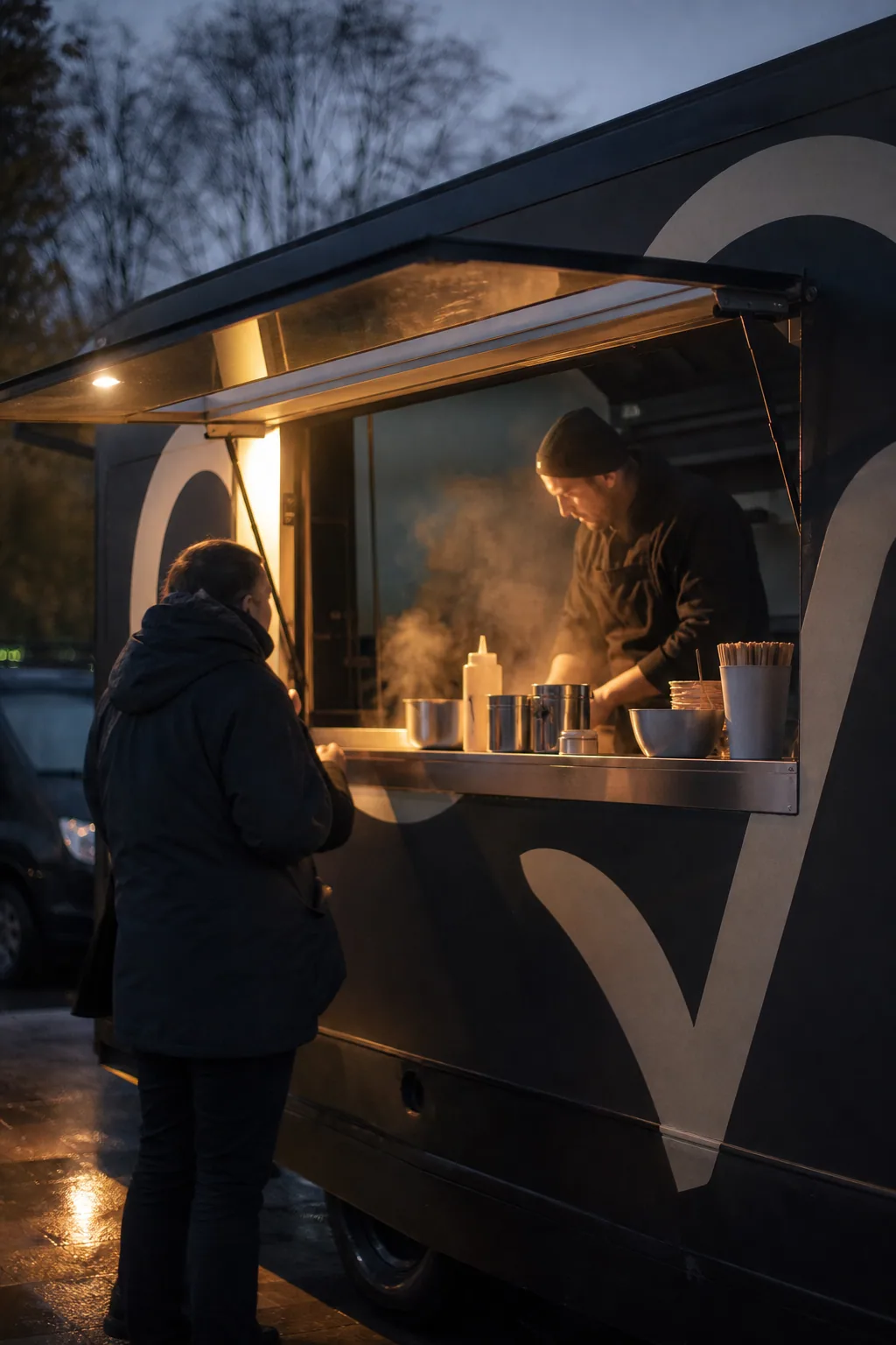 Food truck at dusk with a serving window and a wrapped flank